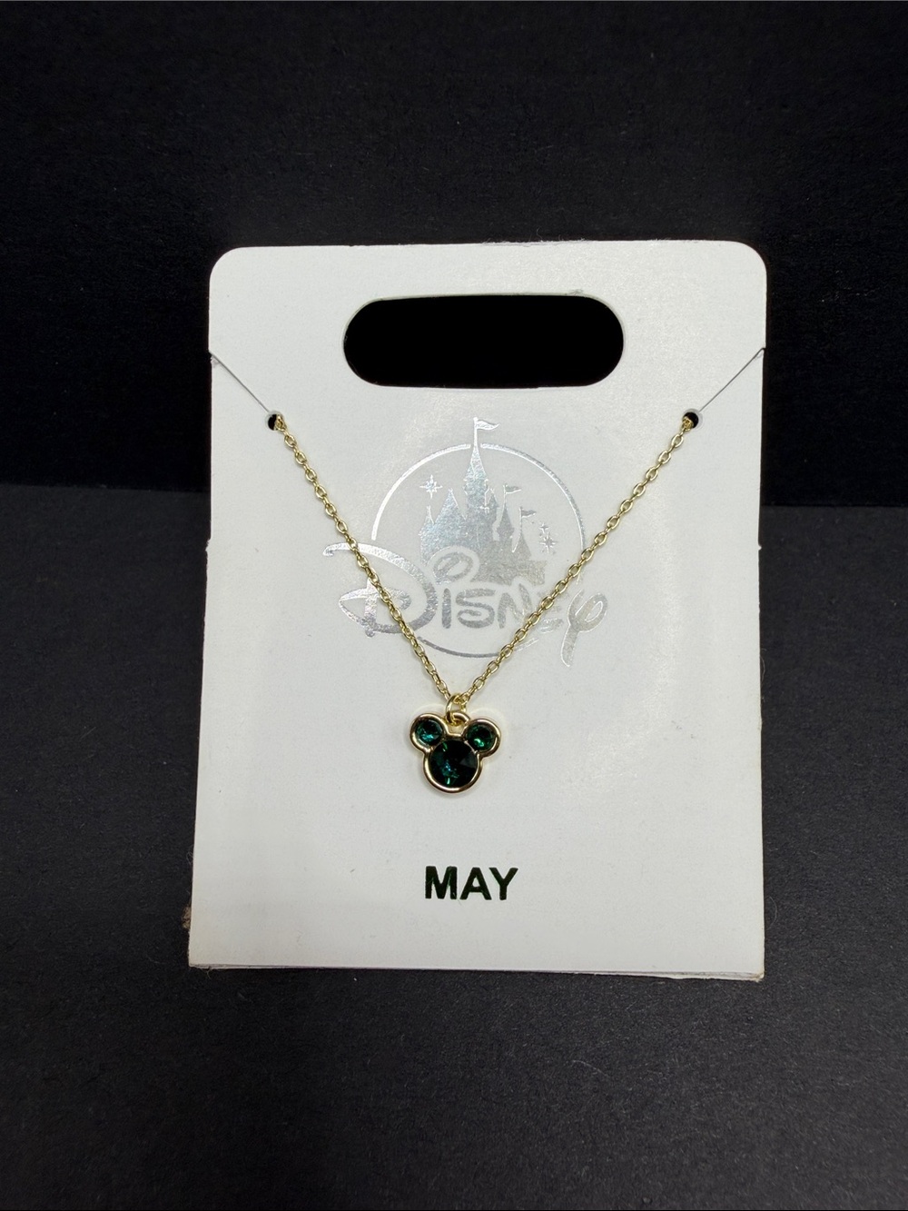 Disney Gold-Tone Necklace with Green Mickey Birthstone. NWT